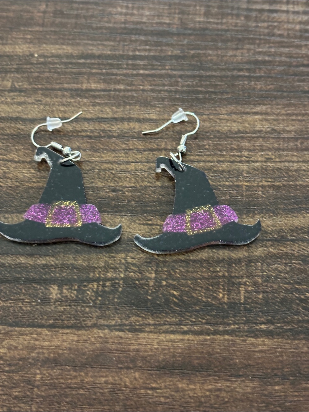 Kids Black Witch Hat Earrings with Purple Glitter Accent